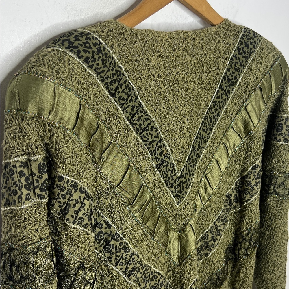 Vintage 80s Olive Green Patchwork Dolman Sweater Italian Boho Textured Slouchy - Picture 10 of 14